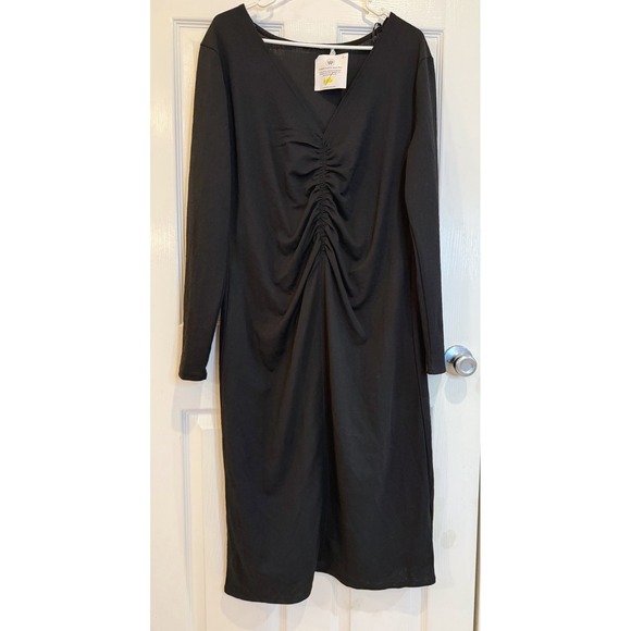 Zara Black Long Sleeve Ruched V Neck Midi Dress‎ Womens Size L - Picture 1 of 5